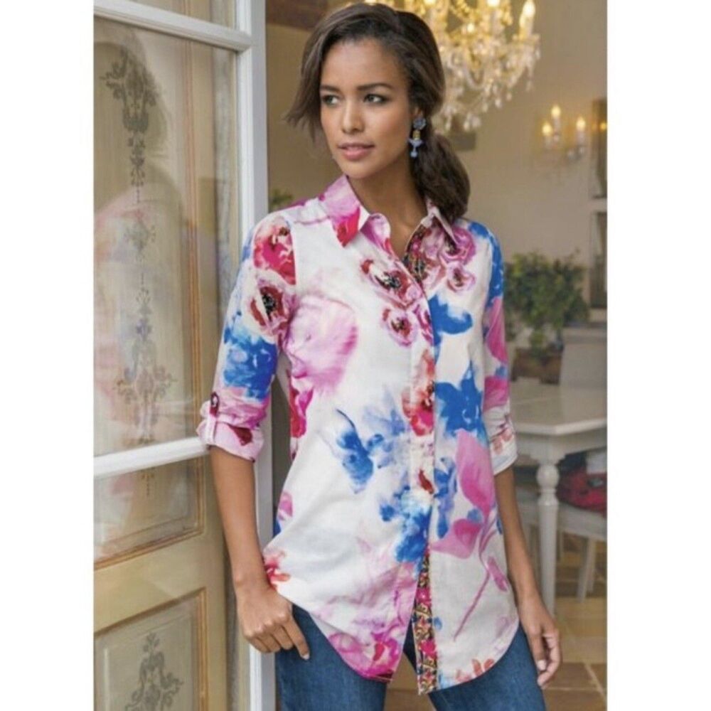 Soft Surroundings Aquarelle Tunic Top Petite L Rose Floral Embroidered Blouse